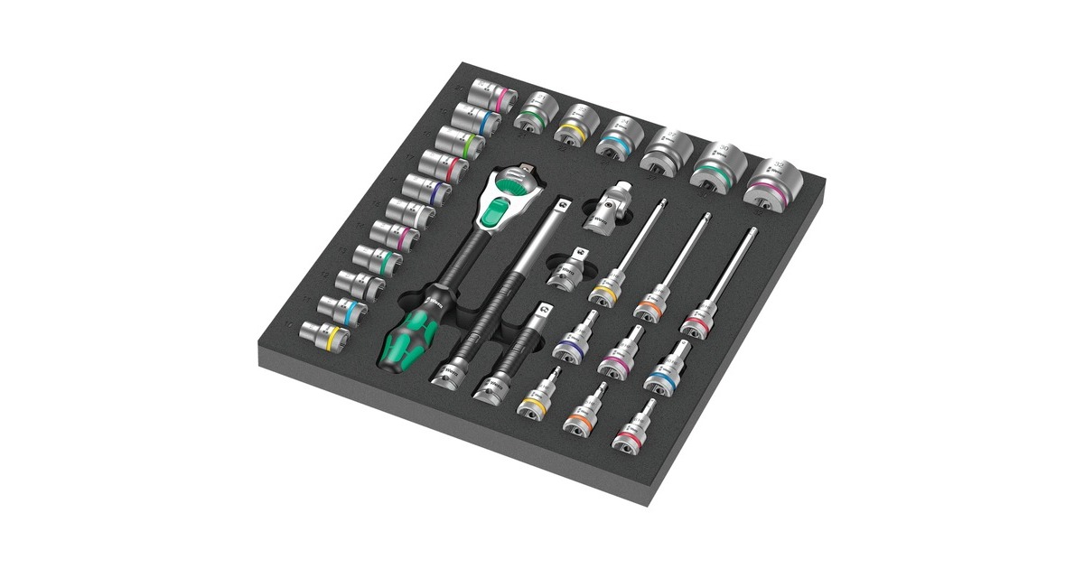 Wera 9722 Schaumstoffeinlage 8000 C Zyklop 1/2" Knarre Set 1, 31‑teilig, Werkzeug-Set(schwarz/grau, Knarren- und Stecknuss-Satz, in Schaumstoffeinlage für Werkstattwagen)