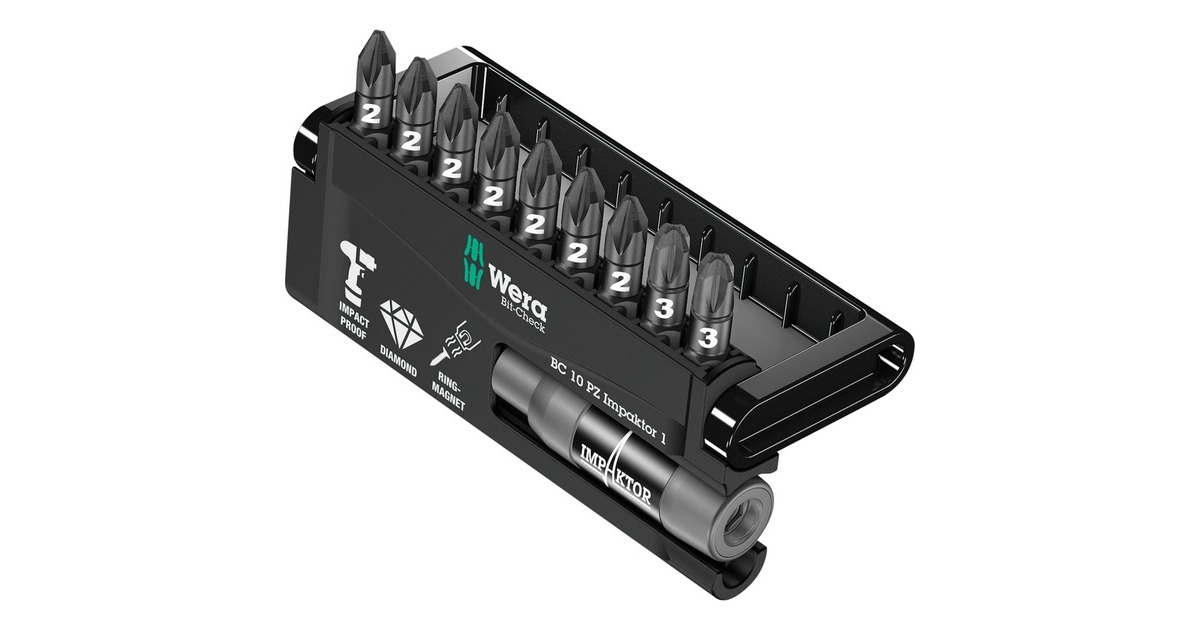 Wera Bit-Check 10 PZ Impaktor 1, 1/4", 10-teilig, Bit-Satz(diamantbeschichtet, extrem belastbar)