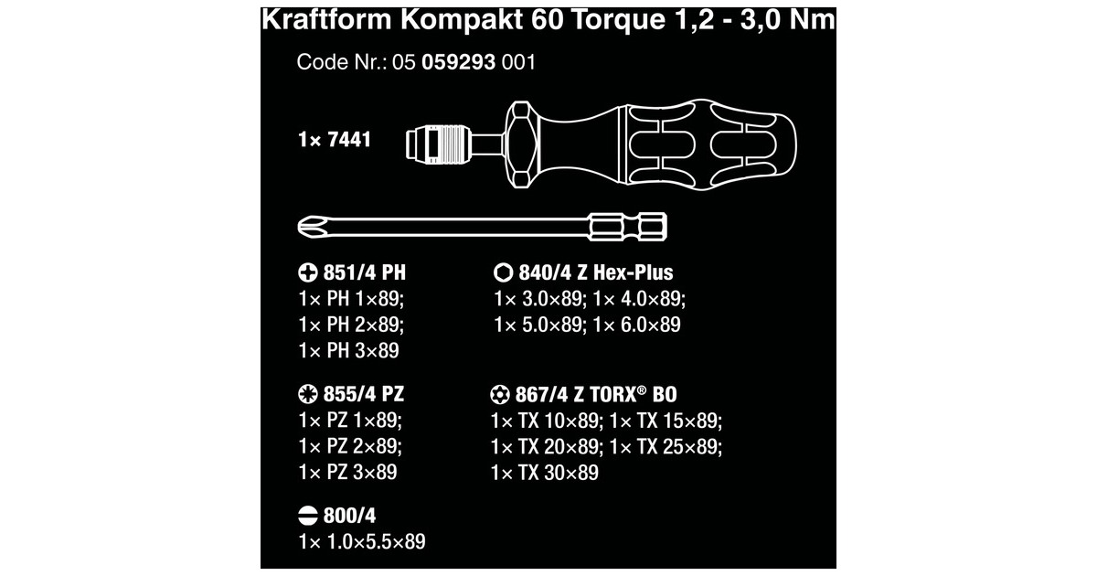 Wera Kraftform Kompakt 60 Torque 1,2-3,0Nm, 17-teilig, Bit-Satz(schwarz/grün, inkl. Drehmoment-Schraubendreher)