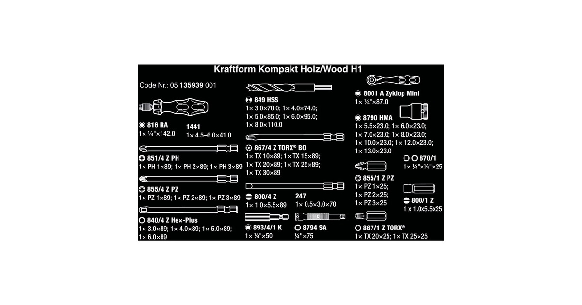 Wera Kraftform Kompakt H 1 Holz, 41-teilig, Werkzeug-Set(schwarz/grün, inkl. Zyklop Mini Bit-Ratsche, 1/4
