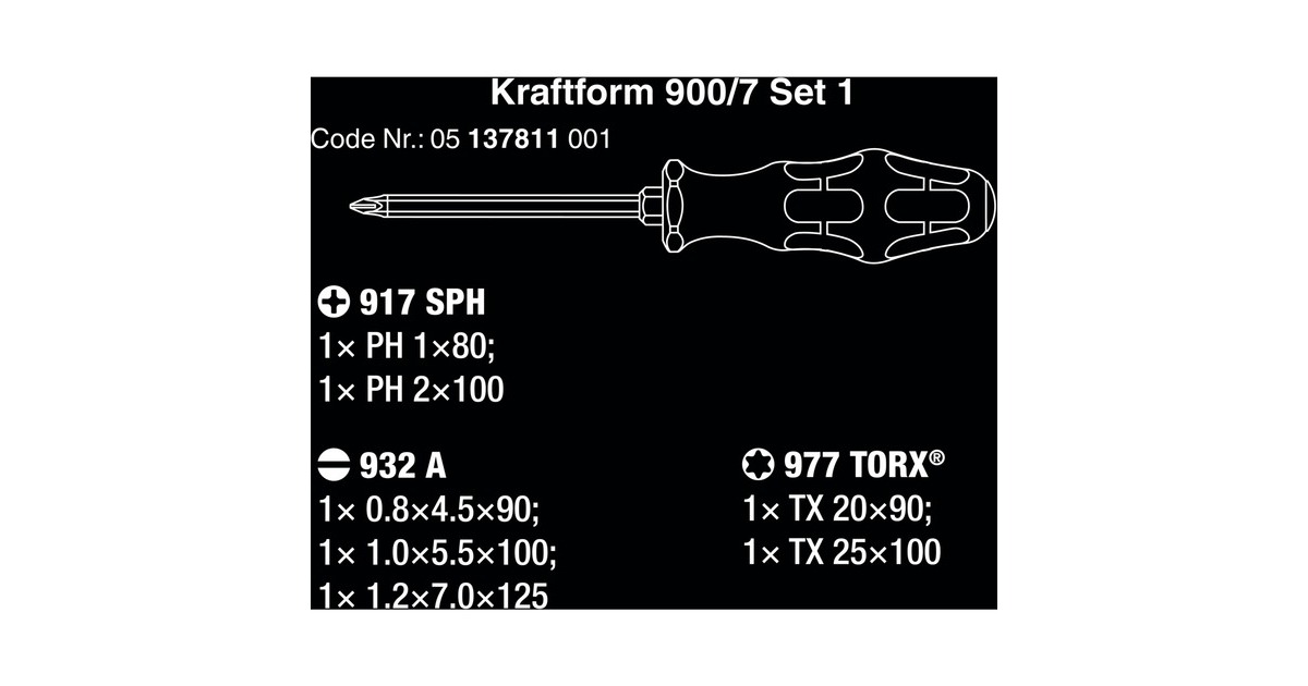 Wera Schraubendreher-Satz Kraftform Plus 900/7 Set 1(schwarz/gelb, 7-teilig, Schlagkappe, Black Point Spitze)