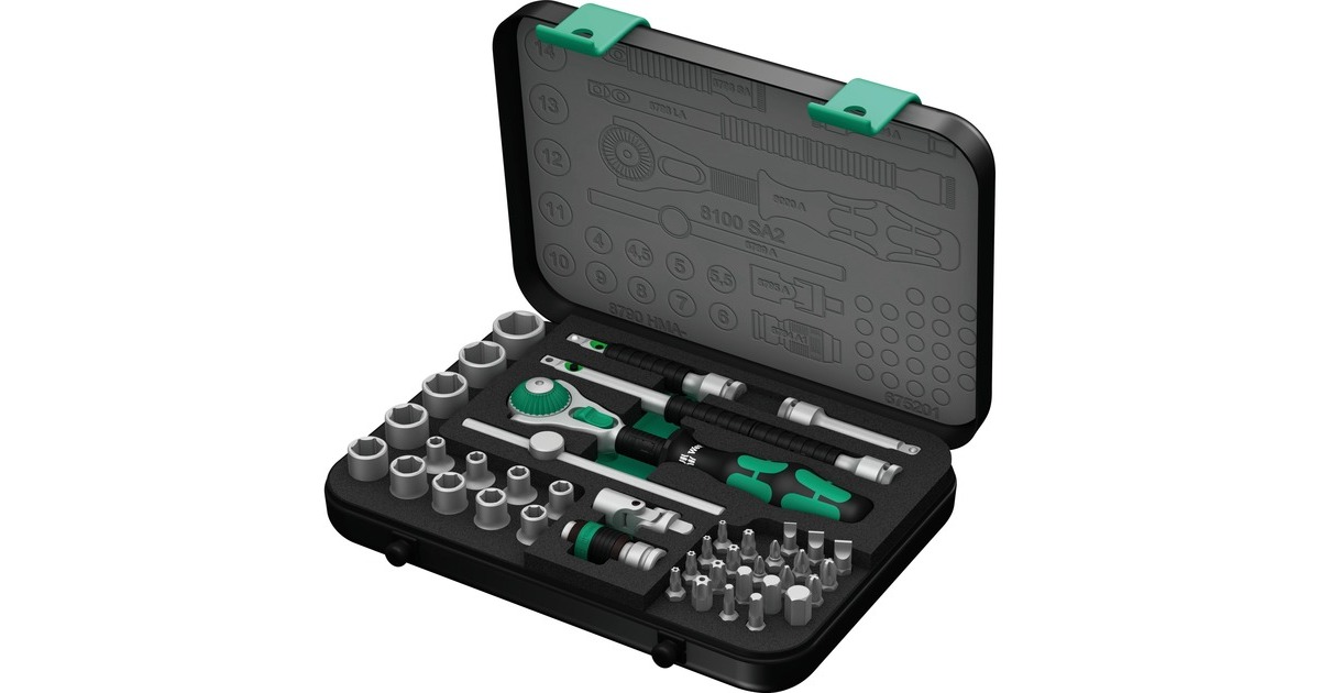 Wera Zyklop Speed-Knarrensatz 8100 SA 2, 1/4", Werkzeug-Set(schwarz/grün, 42-teilig, Speed-Knarre mit schwenkbarem Kopf)