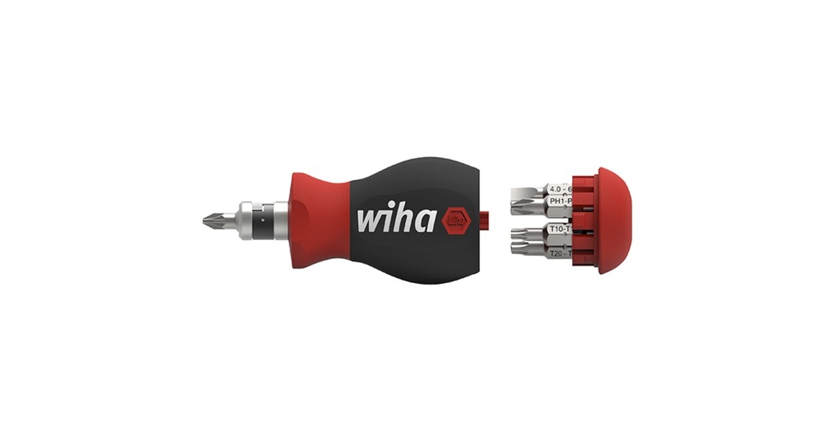 Wiha Schraubendreher Stubby 1/4", mit Bit Magazin(schwarz/rot, Stubby mit 7 Doppelbits)