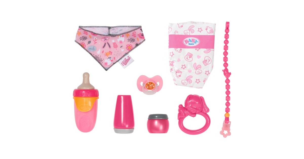 ZAPF Creation BABY born® Accessoires Set, Puppenzubehör(Magic Eyes Schnuller mit Schnullerkette, Windel, Spielring, Puderdose, Cremetube, Flasche und Halstuch.)