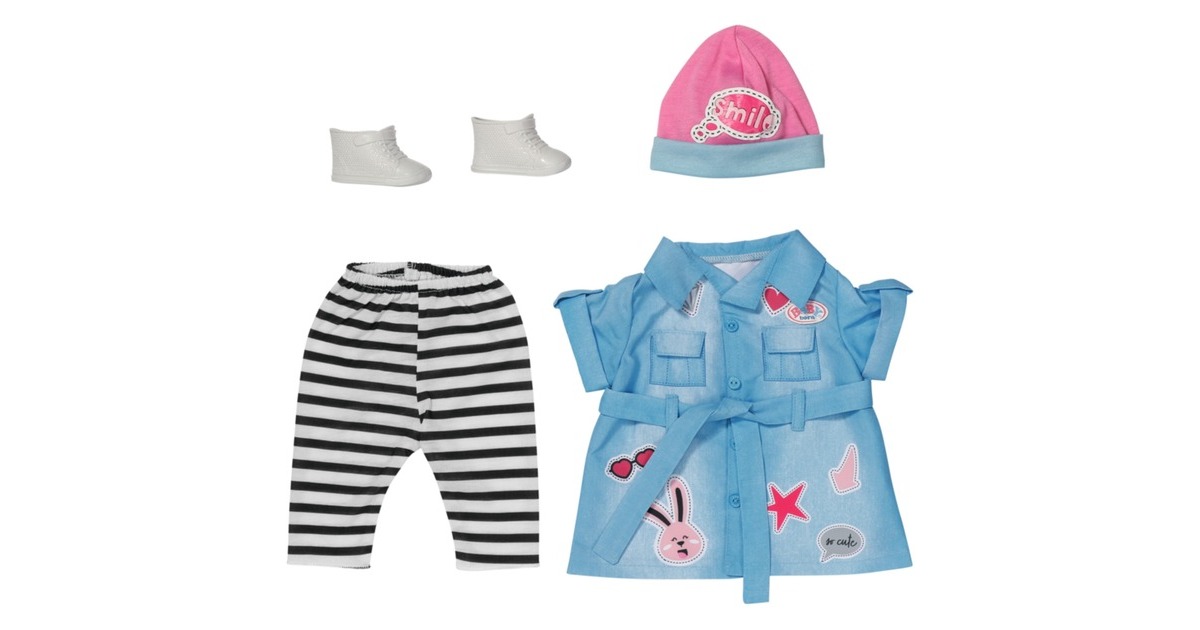 ZAPF Creation BABY born® Deluxe Jeans Kleid 43cm, Puppenzubehör(mit Hemdkleid, Leggings, Mütze und Schuhen)