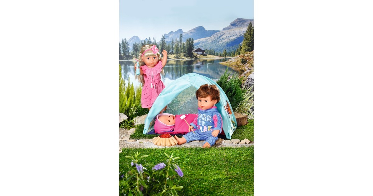 ZAPF Creation BABY born® Weekend Camping Set, Puppenzubehör(Zelt, Schlafsack, Lagerfeuer, Marshmallow-Stick und Limoflasche)