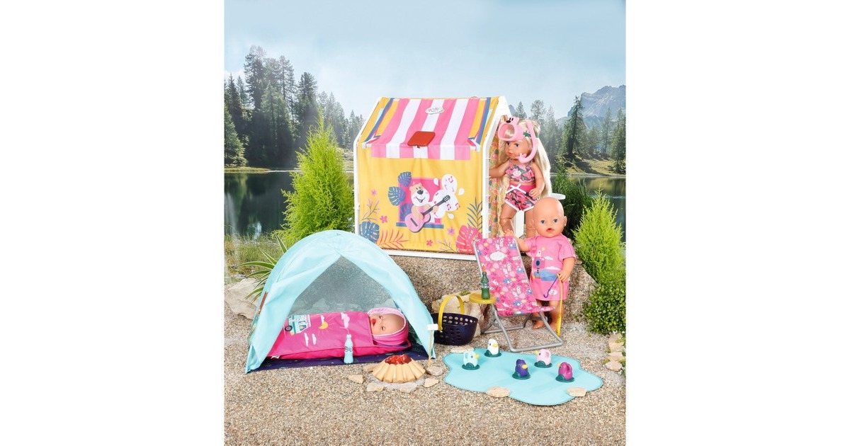 ZAPF Creation BABY born® Weekend Camping Set, Puppenzubehör(Zelt, Schlafsack, Lagerfeuer, Marshmallow-Stick und Limoflasche)