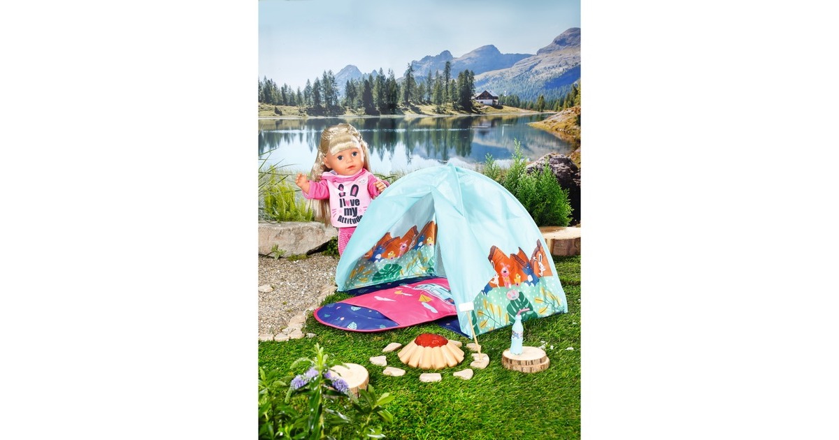 ZAPF Creation BABY born® Weekend Camping Set, Puppenzubehör(Zelt, Schlafsack, Lagerfeuer, Marshmallow-Stick und Limoflasche)