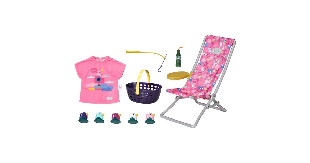 ZAPF Creation BABY born® Weekend Fischen, Puppenzubehör(Kleid, Liegestuhl mit Tischchen, Limoflasche, Korb, 5 Enten und Angel)