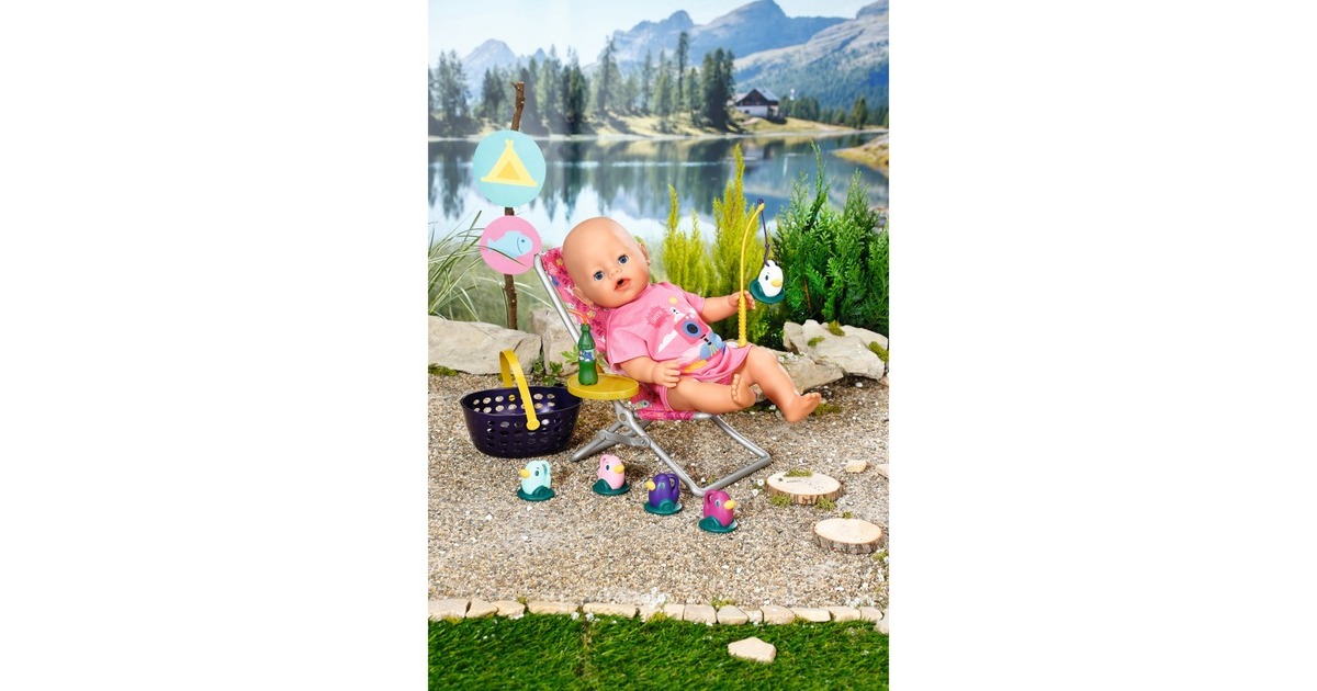ZAPF Creation BABY born® Weekend Fischen, Puppenzubehör(Kleid, Liegestuhl mit Tischchen, Limoflasche, Korb, 5 Enten und Angel)