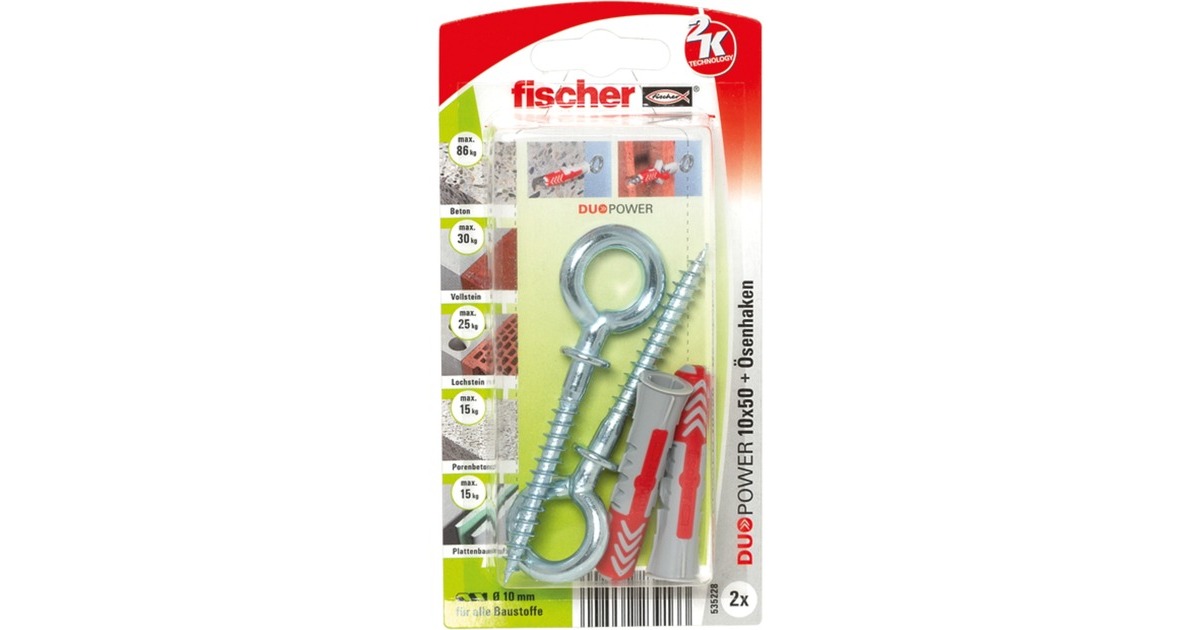fischer Dübel DUOPOWER 10x50 OH K(hellgrau/rot, 2 Stück, mit Ösenhaken)