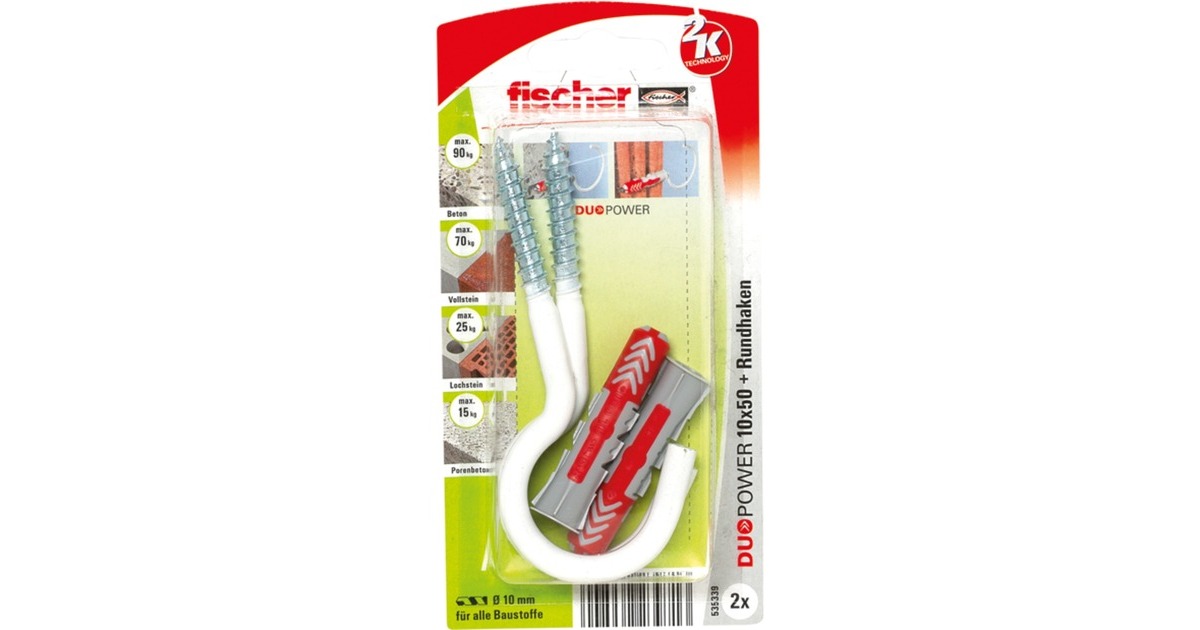 fischer Dübel DUOPOWER 10x50 RH G N(hellgrau/rot, 2 Stück, mit großem Rundhaken, nylonbeschichtet)