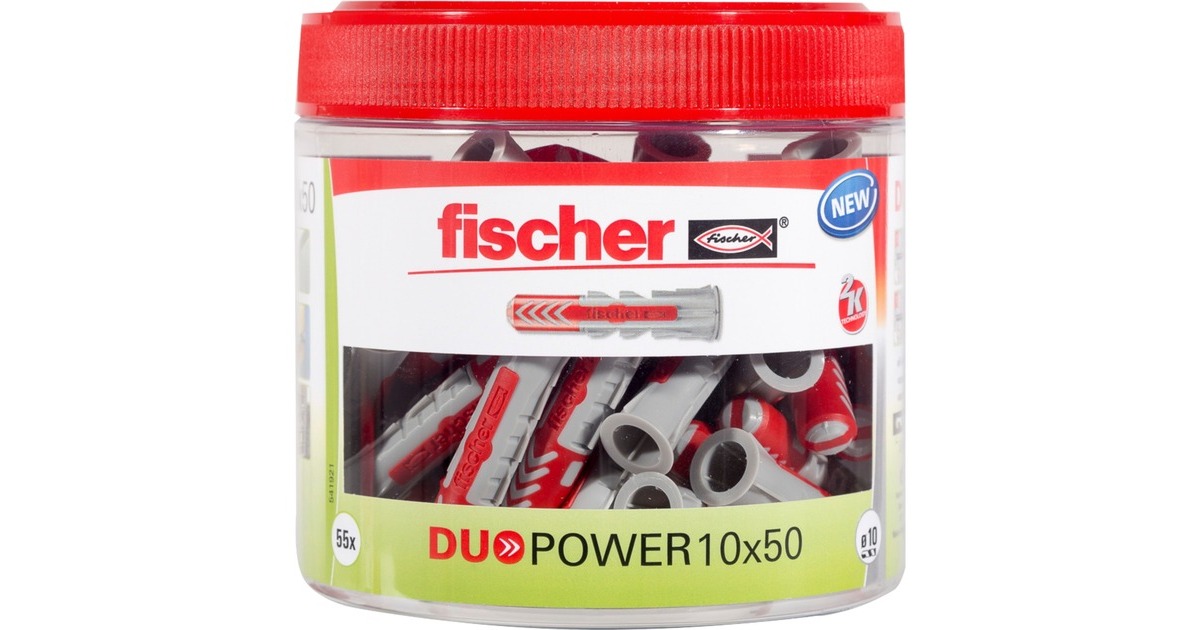 fischer Dübel DUOPOWER 10x50, wiederverschließbare Dose(hellgrau/rot, 55 Stück)