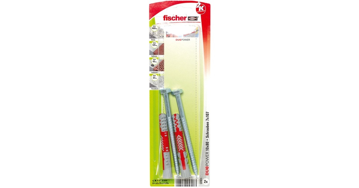 fischer Dübel DUOPOWER 10x80 S K(hellgrau/rot, 2 Stück, mit Schraube)
