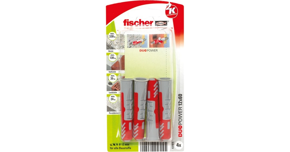 fischer Dübel DUOPOWER 12x60 K(hellgrau/rot, 4 Stück)