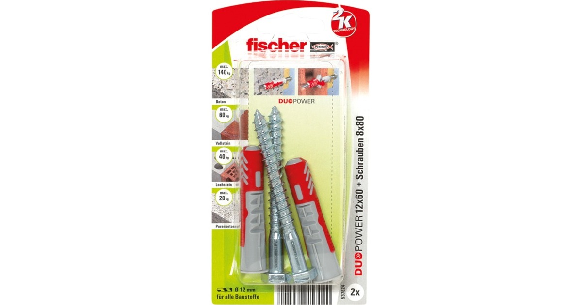 fischer Dübel DUOPOWER 12x60 S K(hellgrau/rot, 2 Stück, mit Schraube)