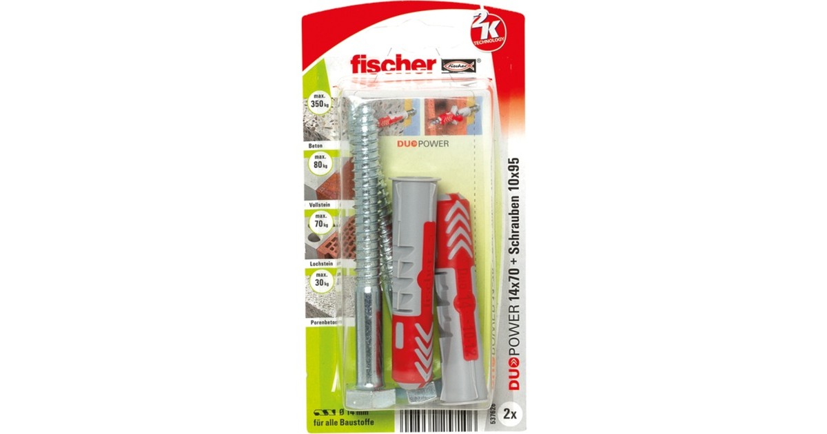 fischer Dübel DUOPOWER 14x70 S K(hellgrau/rot, 2 Stück, mit Schraube)