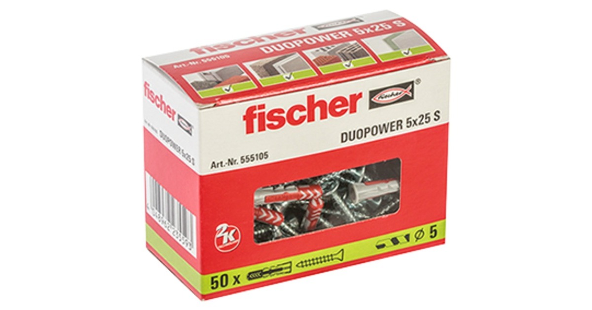 fischer Dübel DUOPOWER 5x25 S(hellgrau/rot, 50 Stück, mit Schraube)