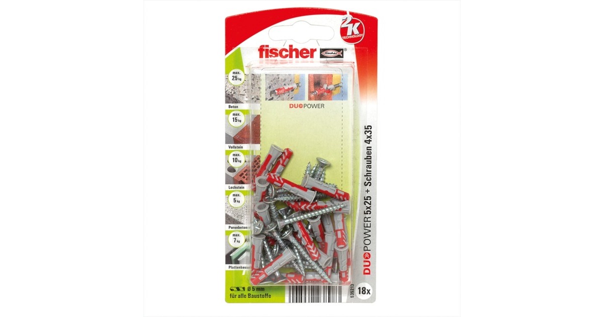 fischer Dübel DUOPOWER 5x25 S K(hellgrau/rot, 18 Stück, mit Schraube)