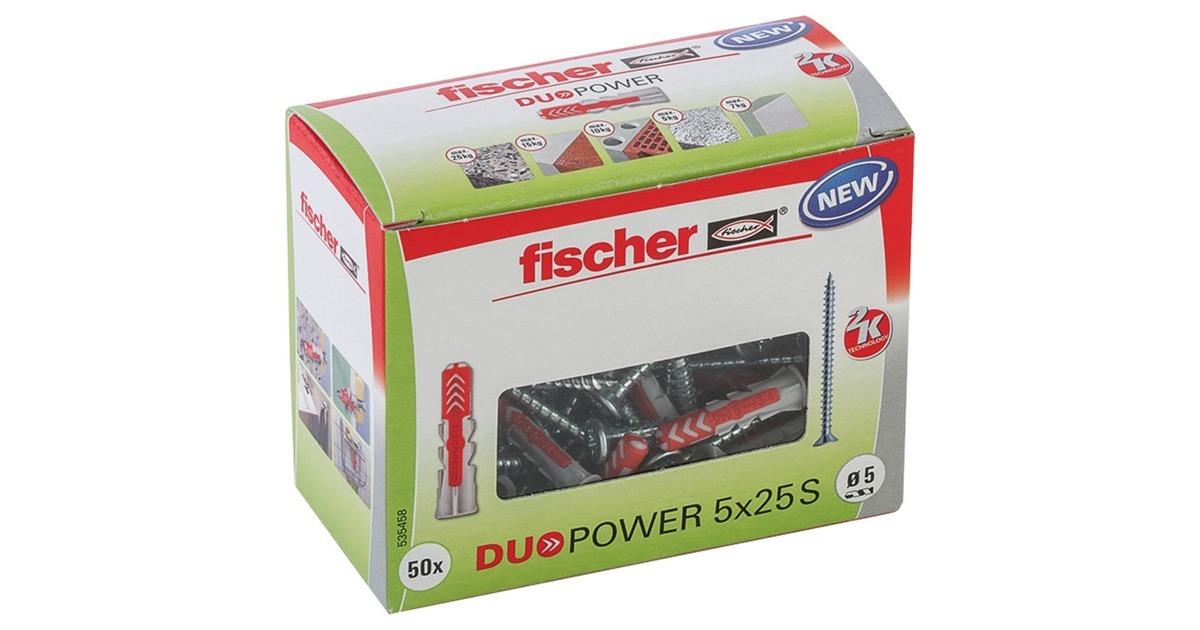 fischer Dübel DUOPOWER 5x25 S LD(hellgrau/rot, 50 Stück, mit Schraube)