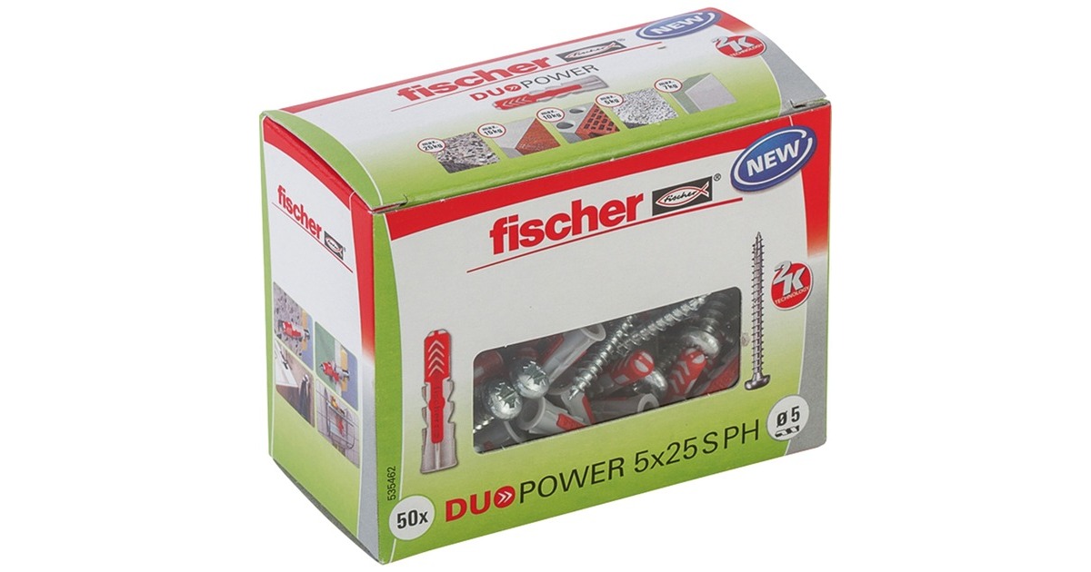 fischer Dübel DUOPOWER 5x25 S PH LD(hellgrau/rot, 50 Stück, mit Schraube)