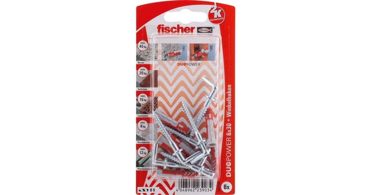 fischer Dübel DUOPOWER 6X30 WH K DE(hellgrau/rot, 6 Stück, mit Winkelhaken)