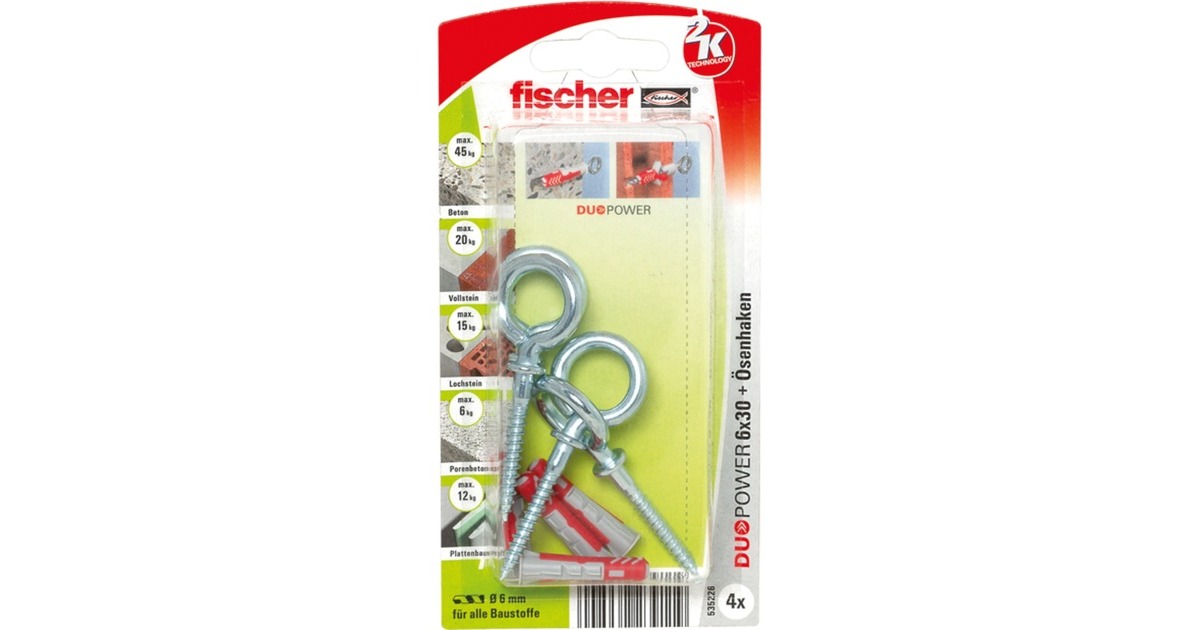 fischer Dübel DUOPOWER 6x30 OH K(hellgrau/rot, 4 Stück, mit Ösenhaken)