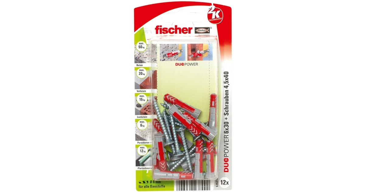 fischer Dübel DUOPOWER 6x30 RB K(hellgrau/rot, 12 Stück, mit Schraube und Aufklebern)