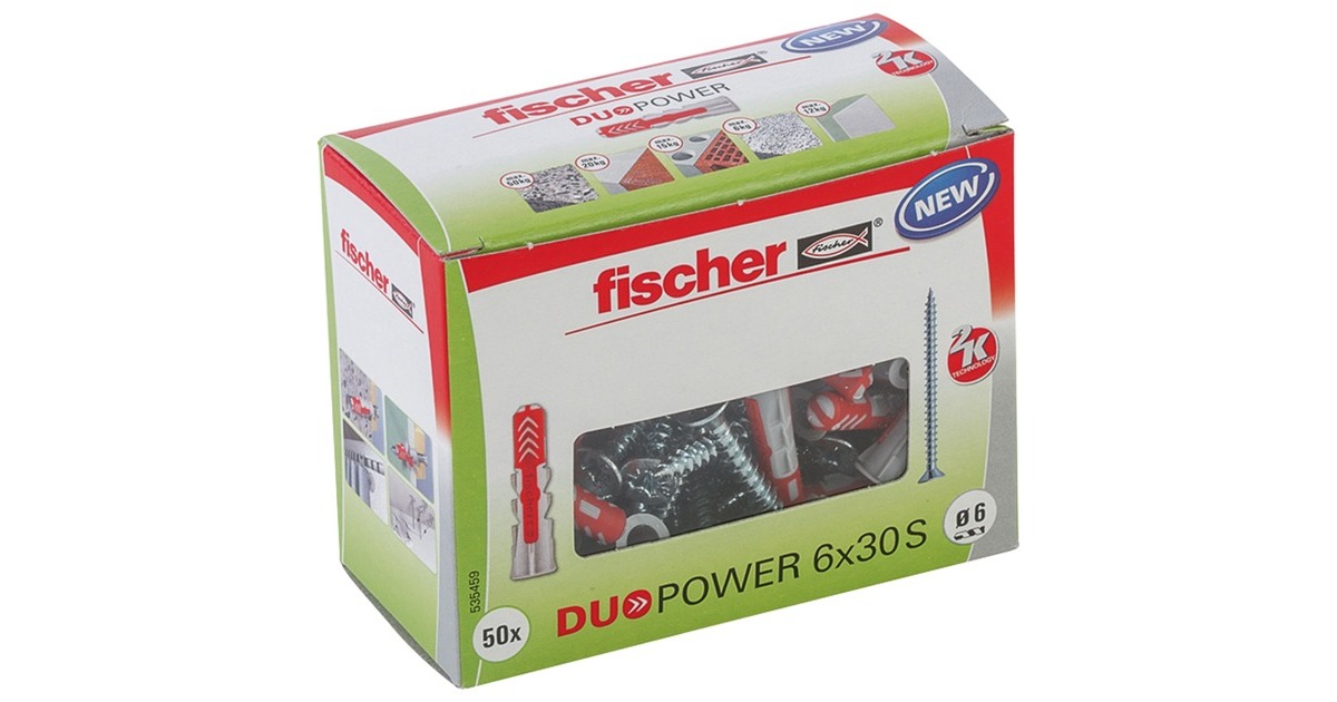 fischer Dübel DUOPOWER 6x30 S LD(hellgrau/rot, 50 Stück, mit Schraube)
