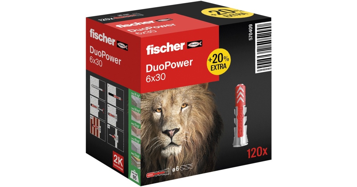fischer Dübel DUOPOWER 6x30 (+20% mehr Inhalt)(hellgrau/rot, 120 Stück)