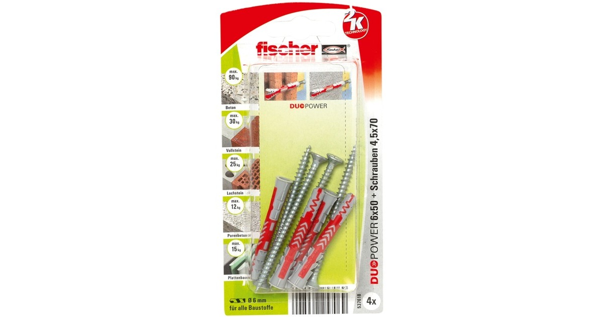 fischer Dübel DUOPOWER 6x50 S K(hellgrau/rot, 4 Stück, mit Schraube)