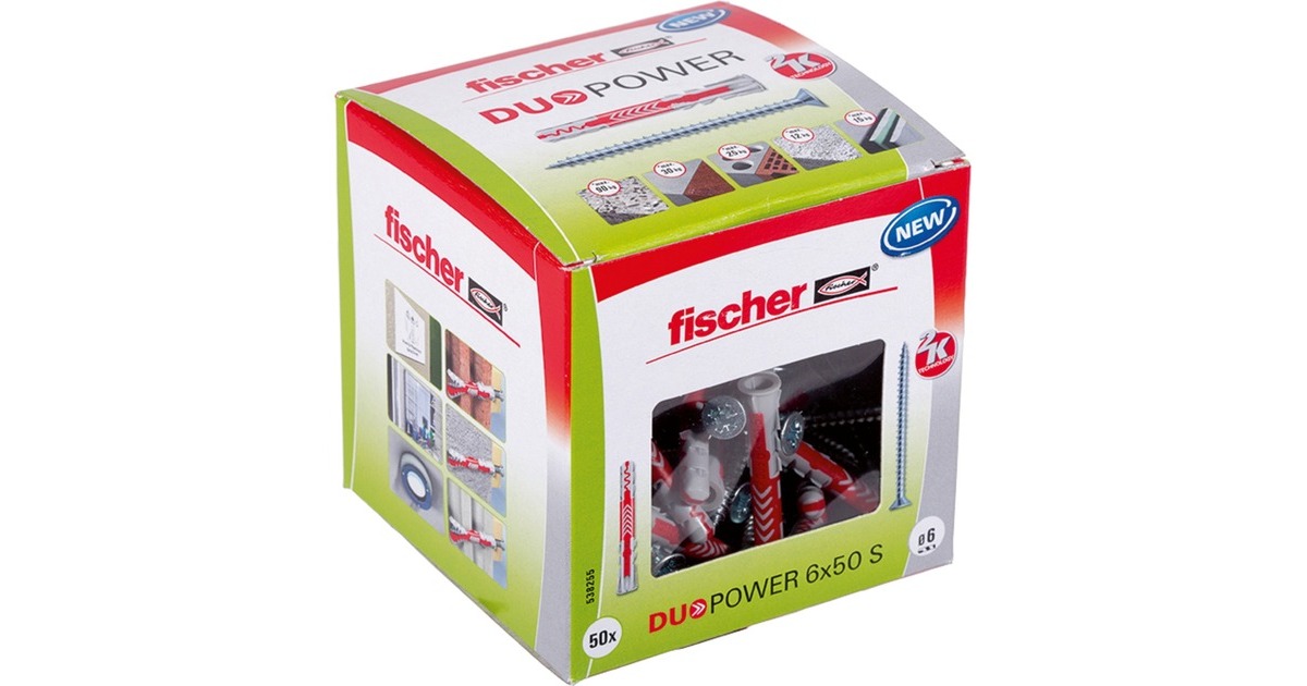 fischer Dübel DUOPOWER 6x50 S LD(hellgrau/rot, 50 Stück, mit Schraube)