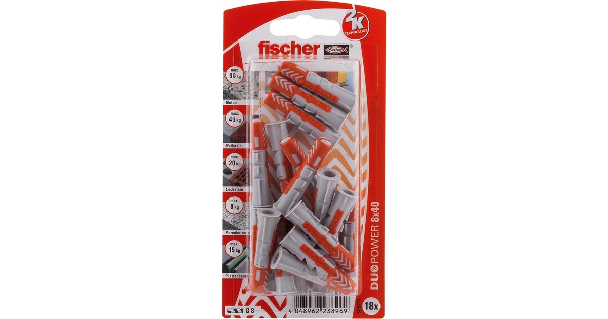 fischer Dübel DUOPOWER 8X40 K DE(hellgrau/rot, 18 Stück)