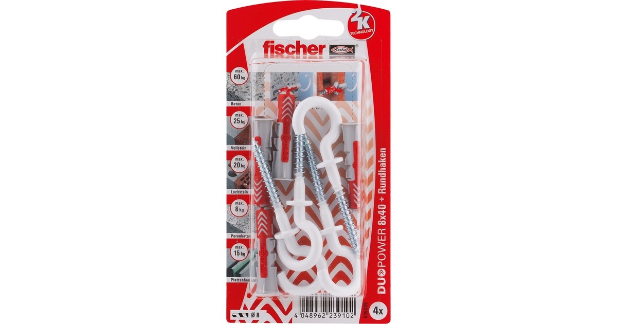 fischer Dübel DUOPOWER 8X40 RH N K DE(hellgrau/rot, 4 Stück, mit Rundhaken)