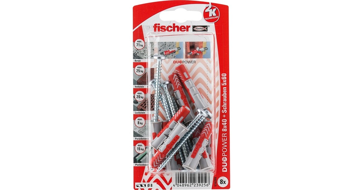 fischer Dübel DUOPOWER 8X40 S PH K DE(hellgrau/rot, 8 Stück, mit Schraube)