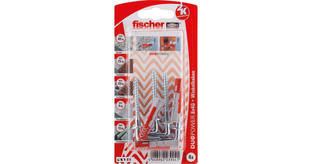 fischer Dübel DUOPOWER 8X40 WH K DE(hellgrau/rot, 4 Stück, mit Winkelhaken)