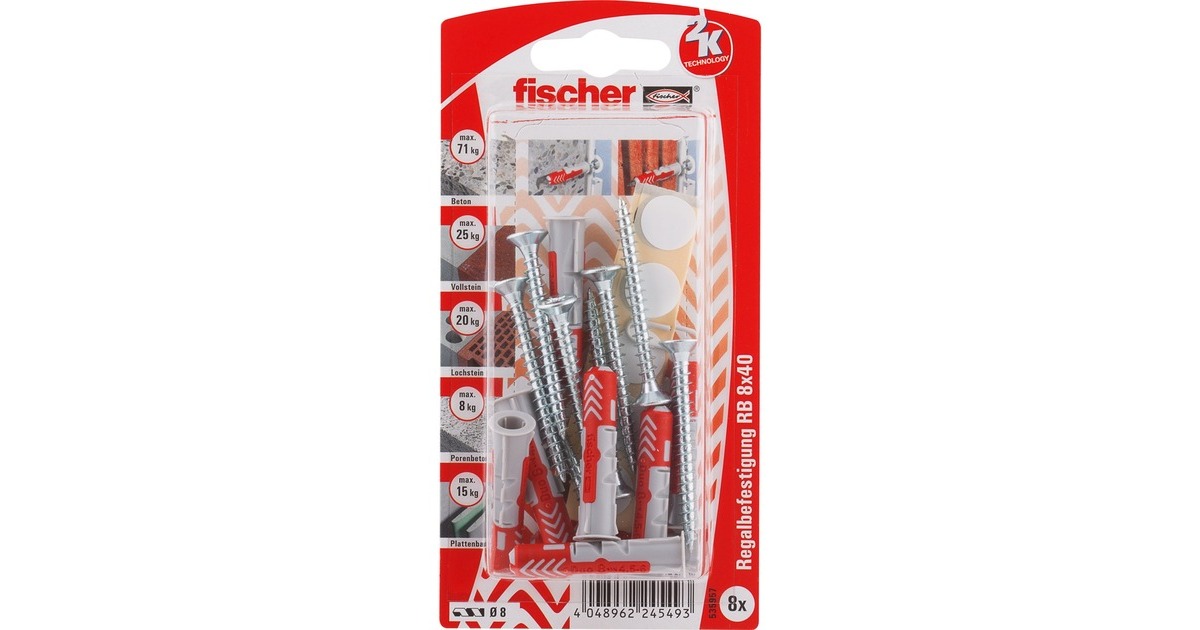 fischer Dübel DUOPOWER 8x40 RB K(hellgrau/rot, 8 Stück, mit Schraube und Aufklebern)