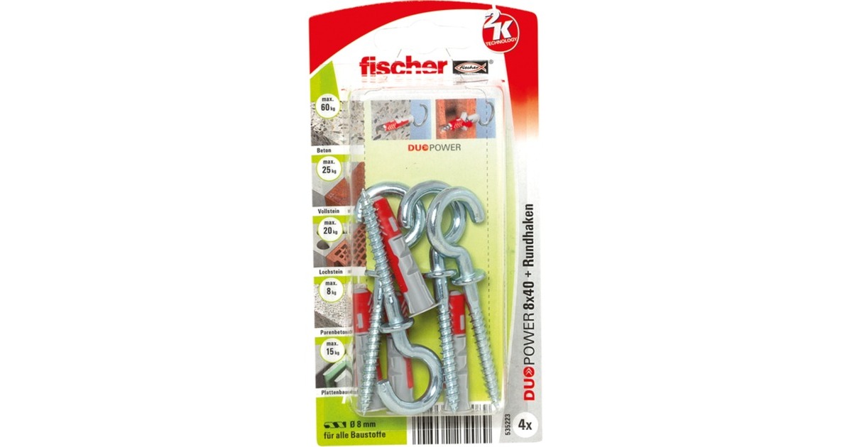 fischer Dübel DUOPOWER 8x40 RH K(hellgrau/rot, 4 Stück)
