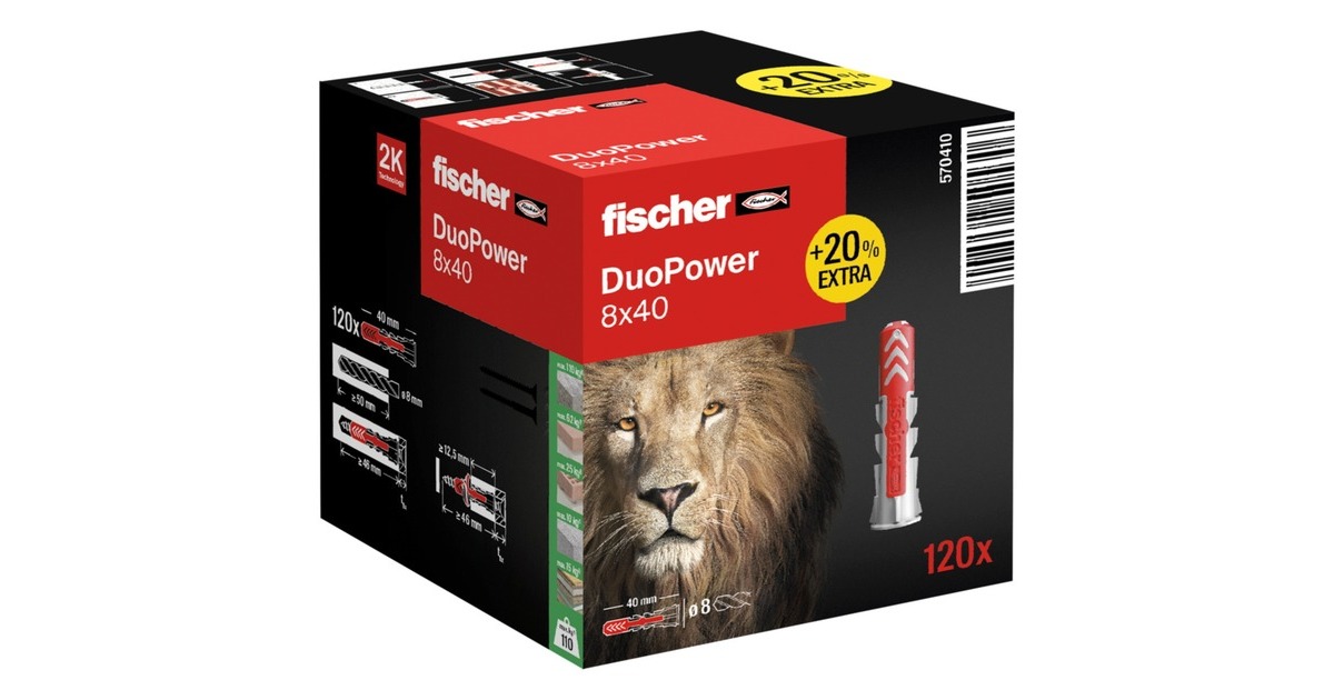 fischer Dübel DUOPOWER 8x40 (+20% mehr Inhalt)(hellgrau/rot, 120 Stück)