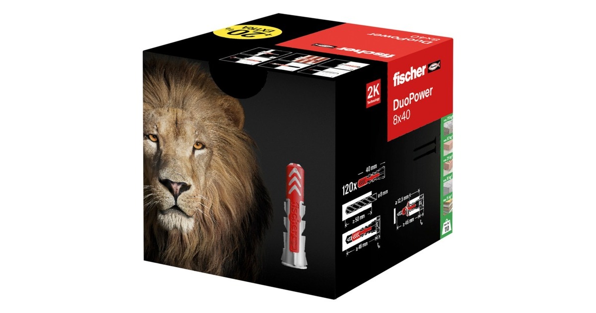 fischer Dübel DUOPOWER 8x40 (+20% mehr Inhalt)(hellgrau/rot, 120 Stück)