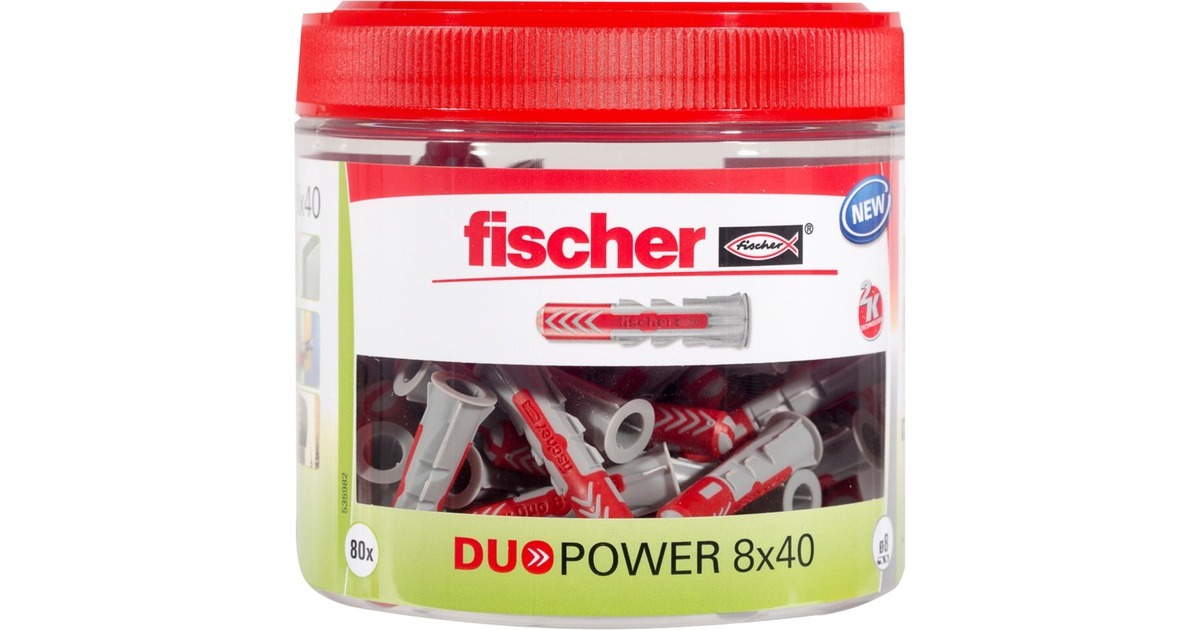 fischer Dübel DUOPOWER 8x40, wiederverschließbare Dose(hellgrau/rot, 80 Stück)