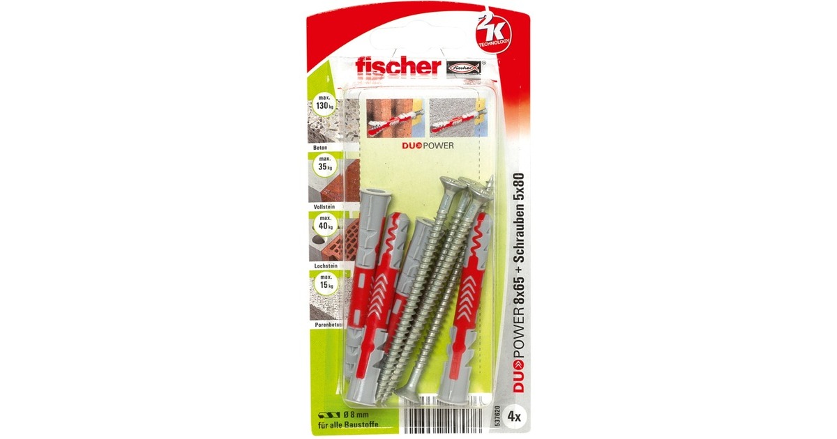 fischer Dübel DUOPOWER 8x65 S K(hellgrau/rot, 4 Stück, mit Schraube)