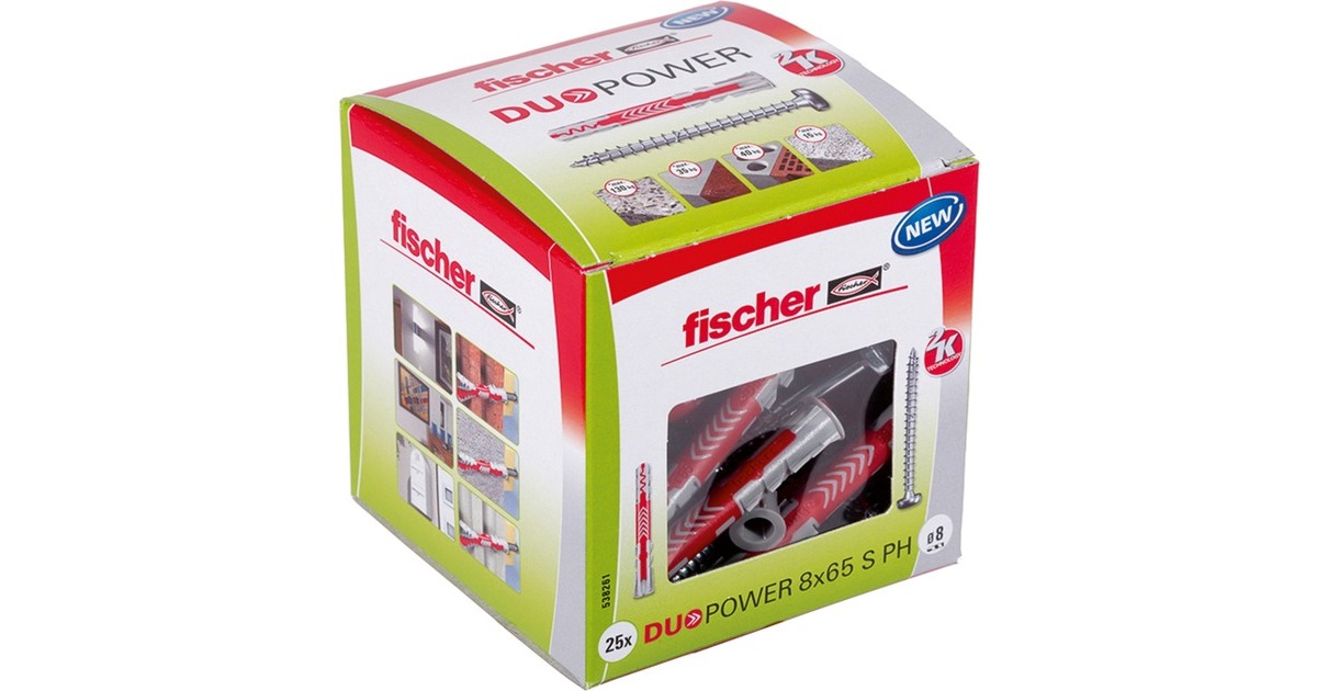 fischer Dübel DUOPOWER 8x65 S PH LD(hellgrau/rot, 25 Stück, mit Schraube)