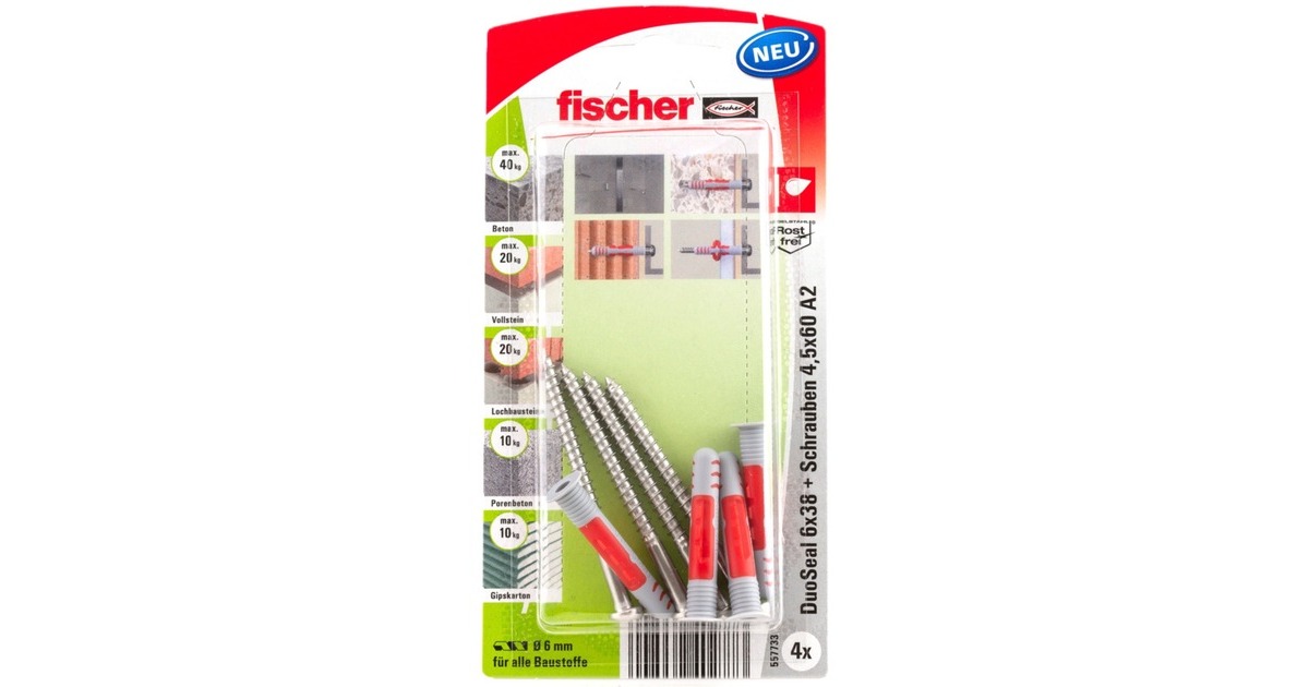 fischer Dübel DuoSeal 6x38 S PH TX A2(hellgrau/rot, 4 Stück, mit rostfreien Schrauben)