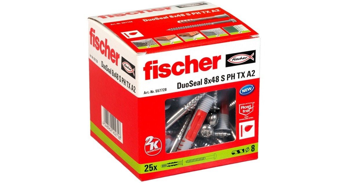 fischer Dübel DuoSeal 8x48 S PH TX A2(hellgrau/rot, 25 Stück, mit rostfreien Schrauben)