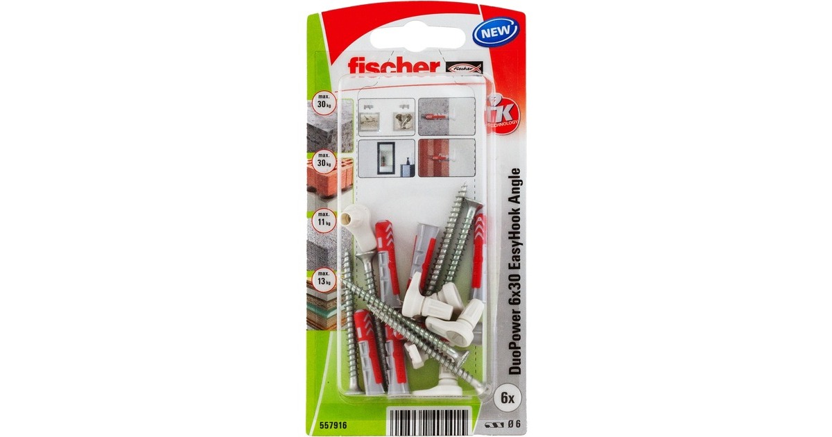 fischer EasyHook Angle DuoPower 6x30, Dübel(weiß, 6 Stück, mit EasyHook Winkelhaken)