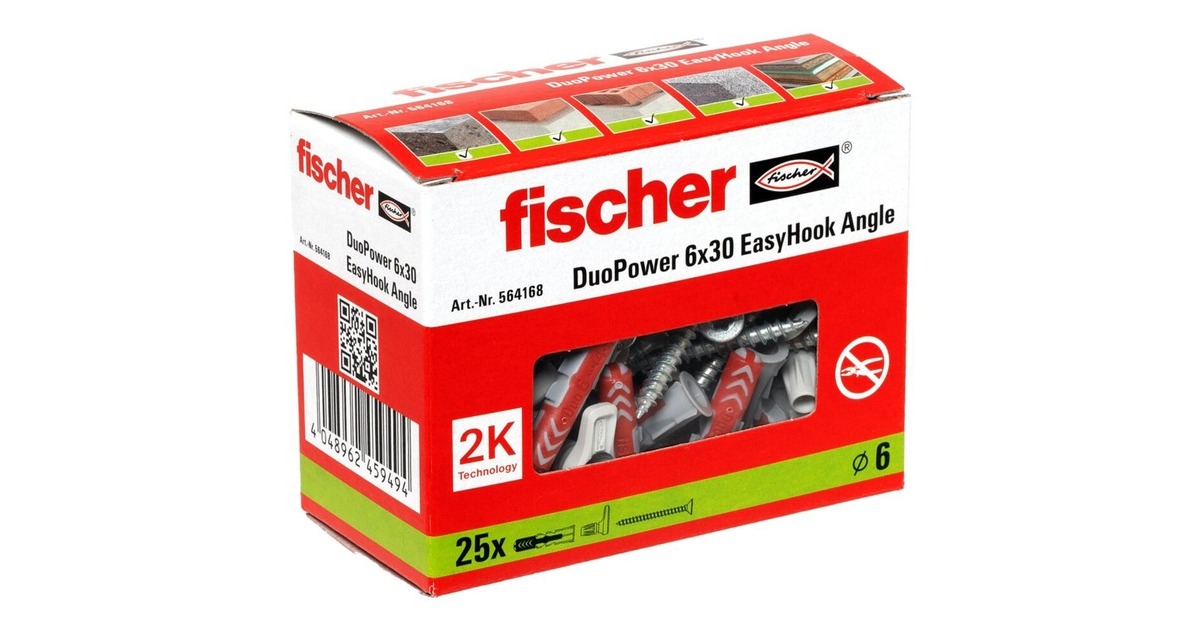 fischer EasyHook Angle DuoPower 6x30, Dübel(weiß, 25 Stück, mit EasyHook Winkelhaken)