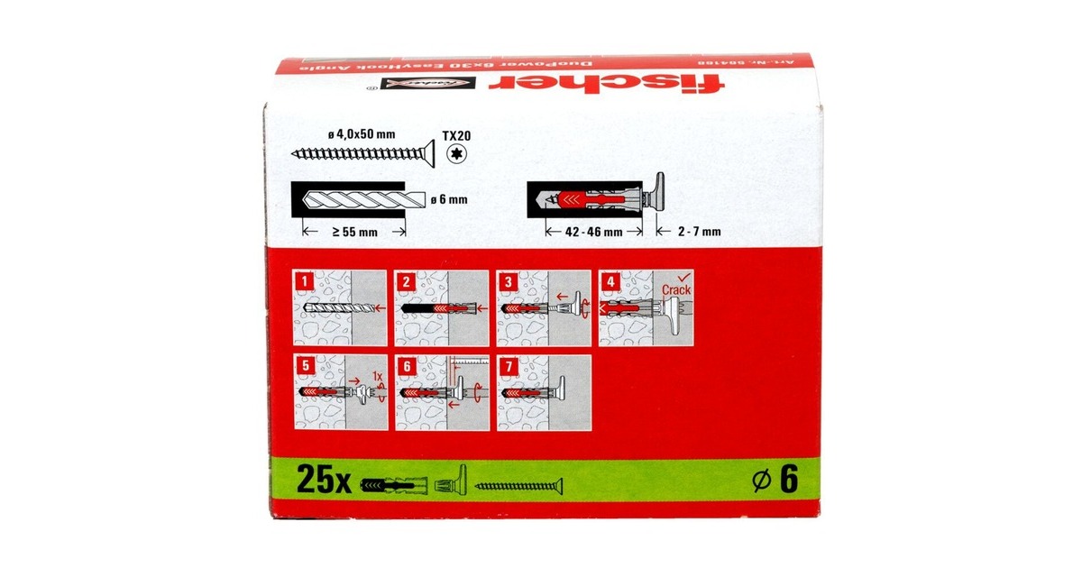 fischer EasyHook Angle DuoPower 6x30, Dübel(weiß, 25 Stück, mit EasyHook Winkelhaken)