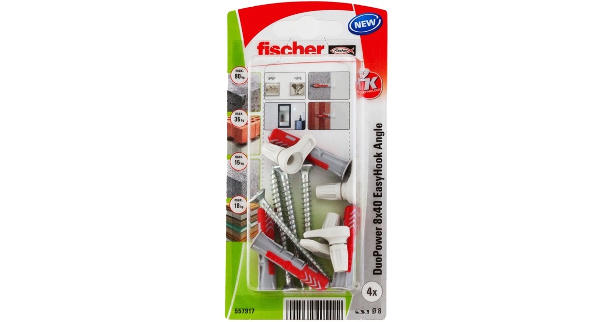 fischer EasyHook Angle DuoPower 8x40, Dübel(weiß, 4 Stück, mit EasyHook Winkelhaken)