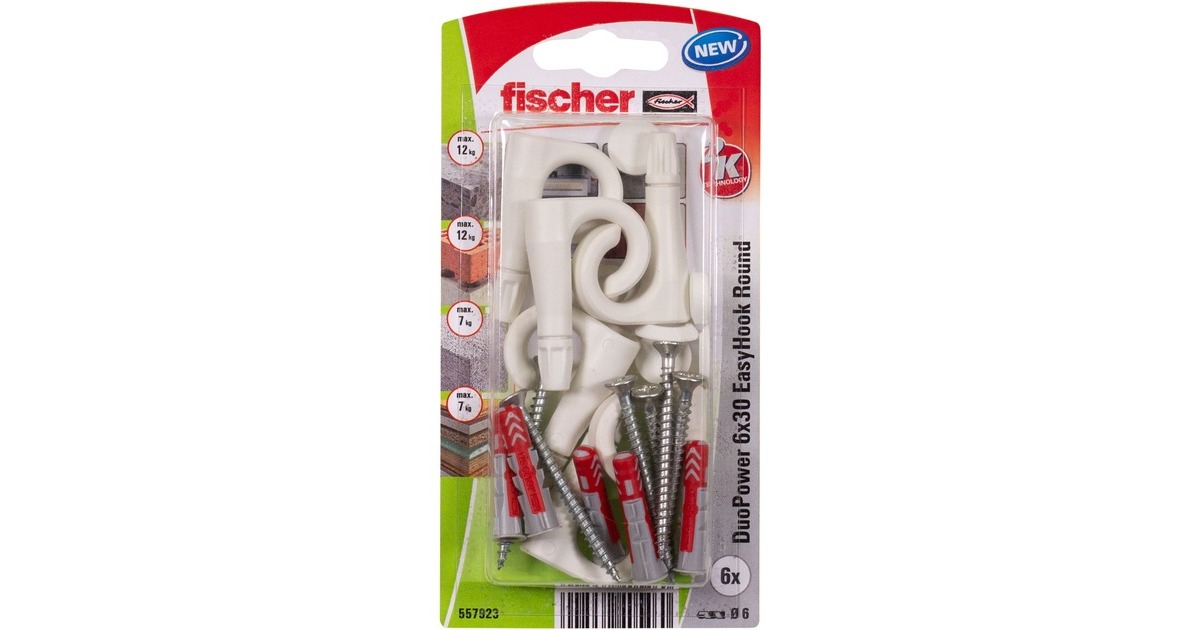 fischer EasyHook Round DuoPower 6x30, Dübel(weiß, 6 Stück, mit EasyHook Rundhaken)